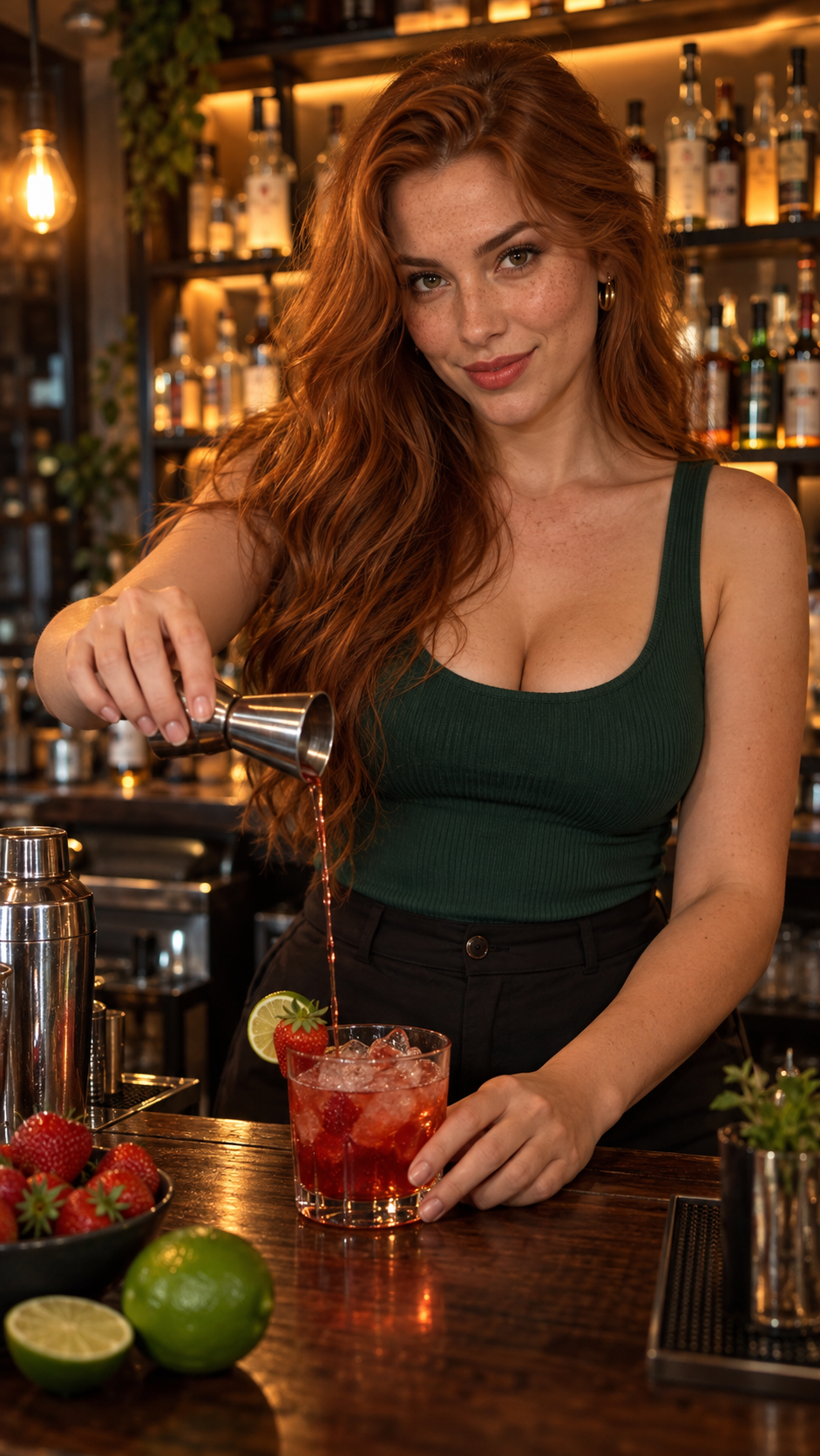 Ruiva preparando um drink de morango em um bar de madeira iluminado por luz âmbar