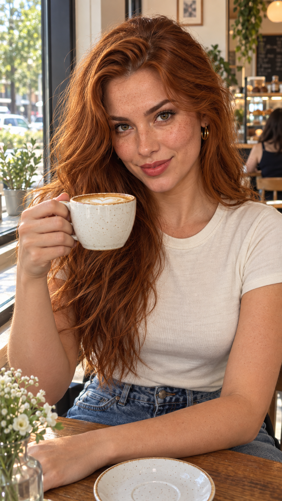 Ruiva tomando um cappuccino em uma cafeteria